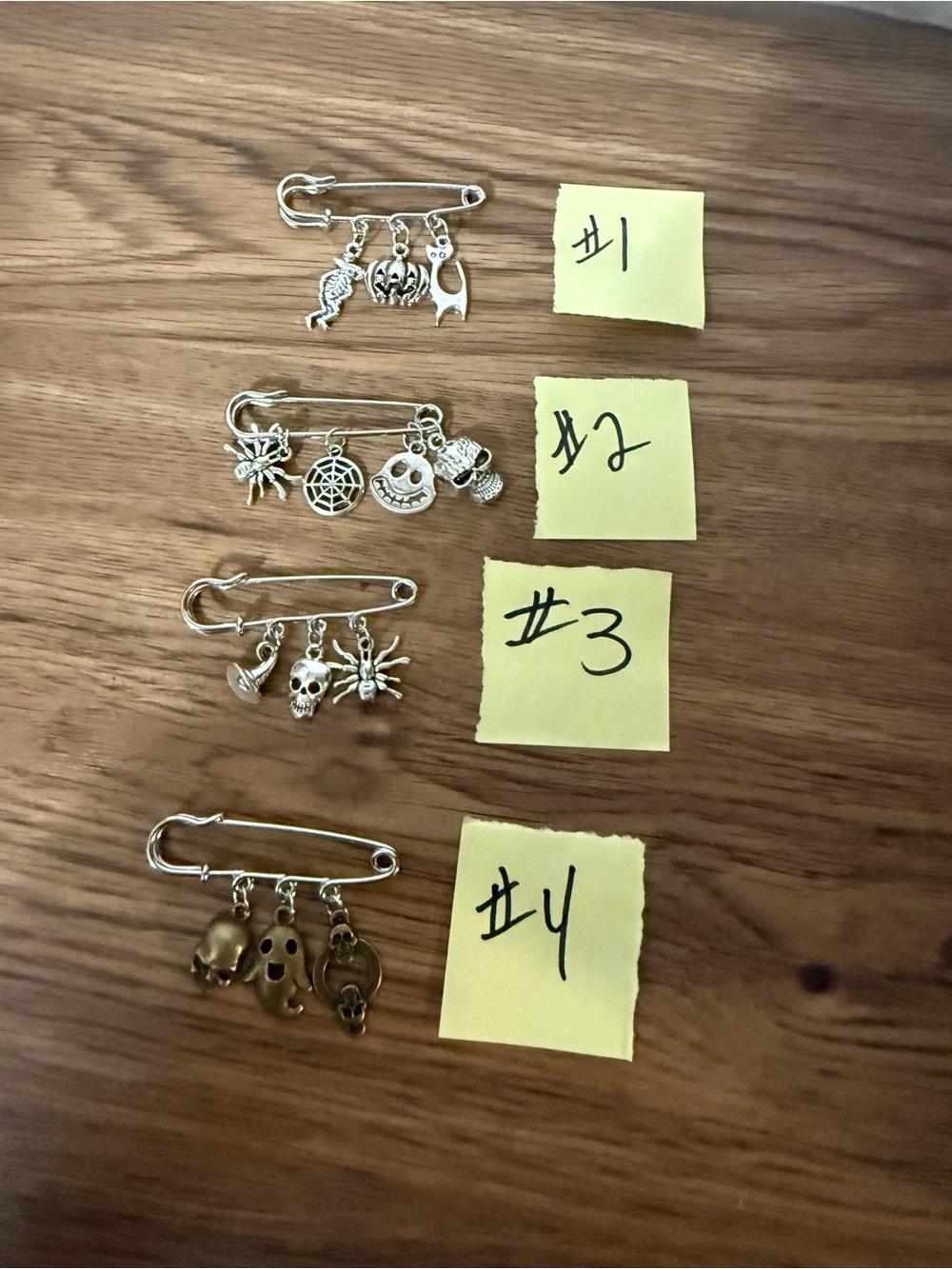 Silver Halloween Charm Safety Pin Brooch - Set of 4